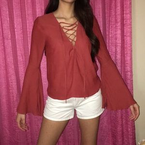 Burnt Orange Long Bell Sleeve Lace Blouse